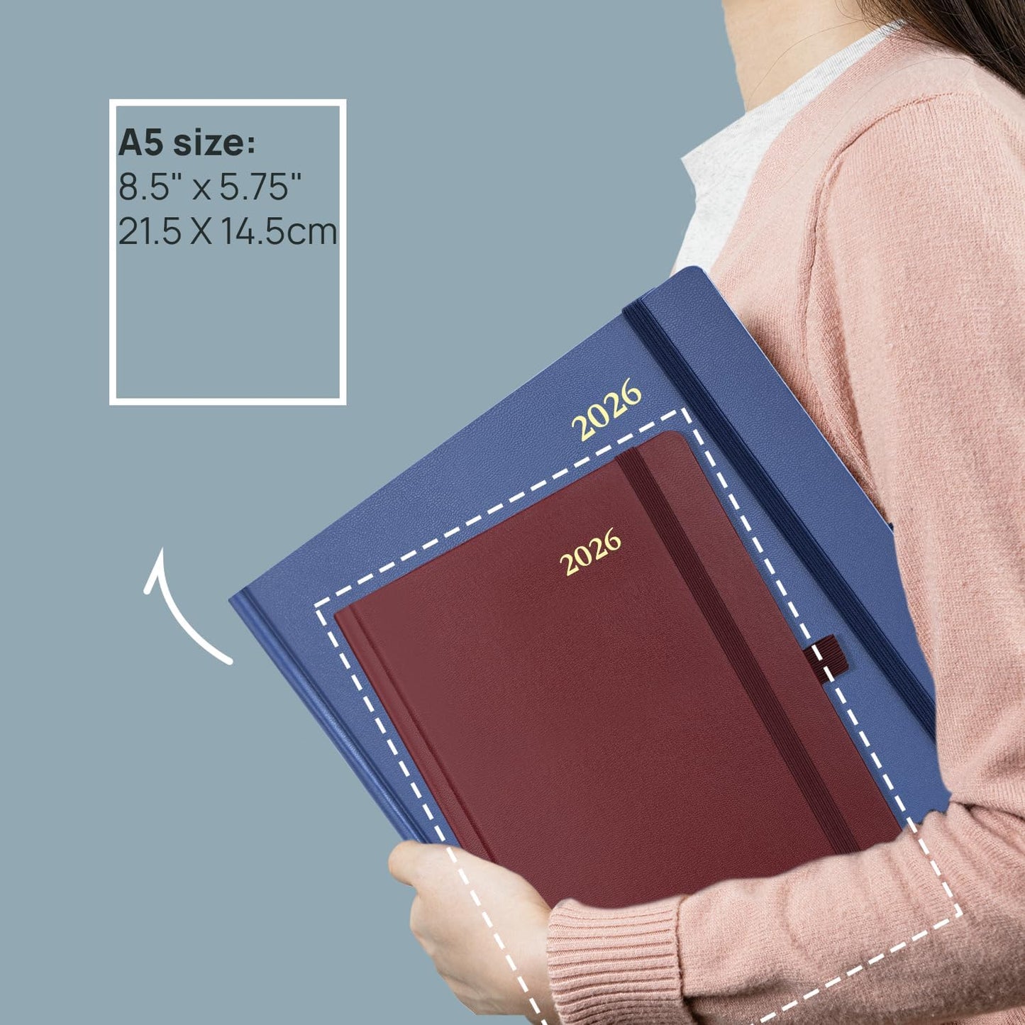 POPRUN 2026 Daily Planner One Page Per Day A5 Size Calendar (5.75" x 8.5") - 12 Months Hourly Appointment Book with Hardcover, Pocket, Pen Holder - Black