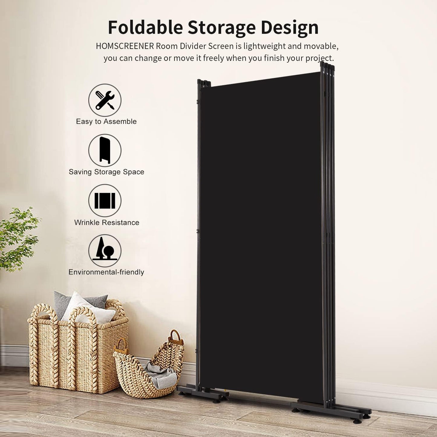 Room Divider 6FT Folding Privacy Screens, Partition Room Dividers w/Freestanding Design, Portable Wall Divider for Room Separtation, Fabric Screen Panel for Home Office Dorm (Black, 4 Panel-Round Pad)