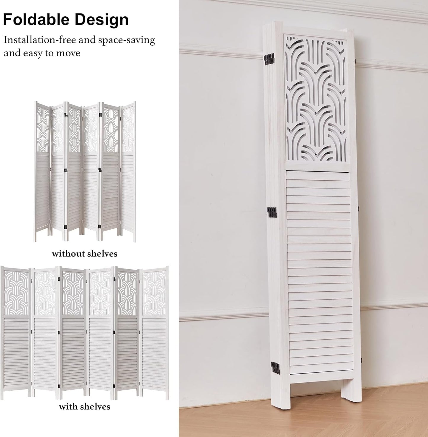 Folding Room Divider, 66.9 Inch 6 Panels Wood Carved Privacy Screens, Free Assembled Freestanding Portable Separation Wall for Home Office Restaurant Bedroom (White)
