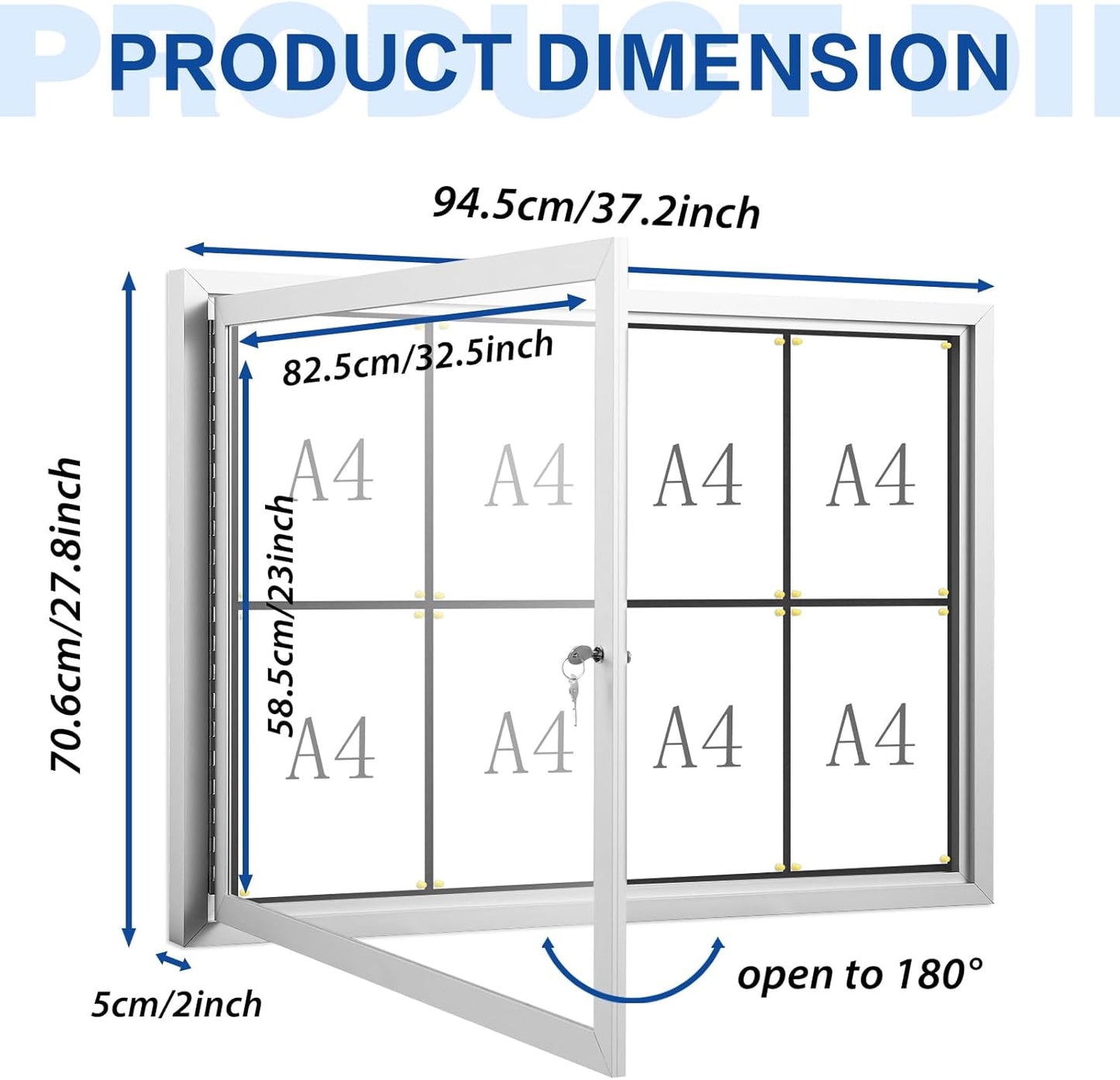 SWANCROWN Enclosed Bulletin Board Weatherproof 37x28in, Outdoor Lockable Bulletin Board Wall Display Case for Office School Commerce, Black Felt, Sliver Aluminum Frame (8xA4)