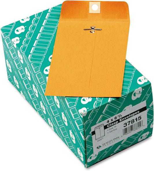Quality Park 4 x 6-3/8 Clasp Envelopes, Clasp and Gummed Closures for Storing or Mailing, 28 lb Kraft, 100 per Box (QUA37815)