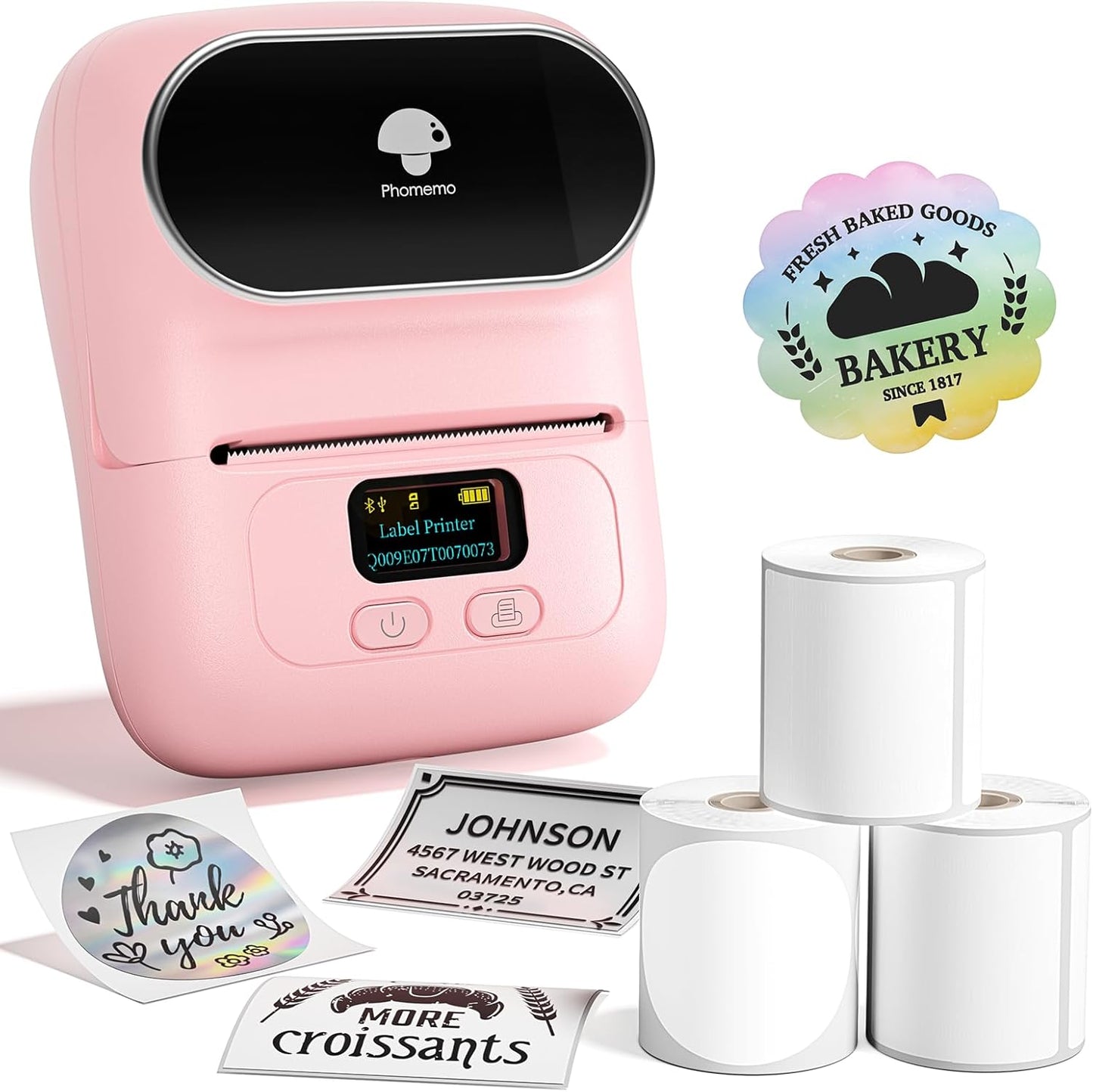Phomemo M110 Label Printer - Bluetooth Portable Label Maker No Ink, Mini Barcode Label Printer for Retail, Address, Barcode, Home, for PC/Mac, iOS/Android, with 3 Packs Most Used Labels, Baby Pink