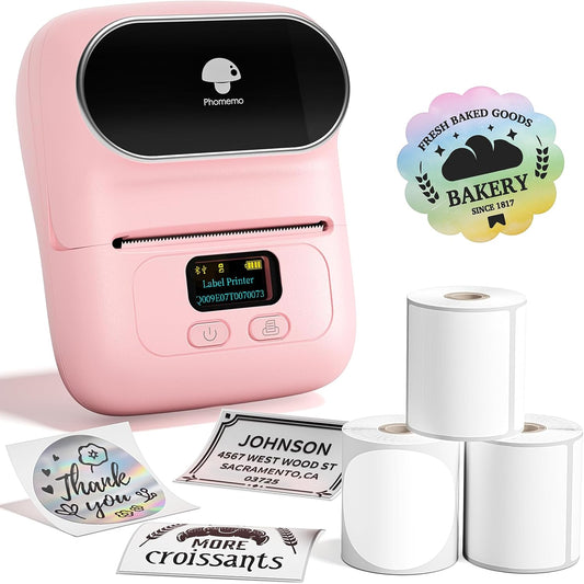 Phomemo M110 Label Printer - Bluetooth Portable Label Maker No Ink, Mini Barcode Label Printer for Retail, Address, Barcode, Home, for PC/Mac, iOS/Android, with 3 Packs Most Used Labels, Baby Pink
