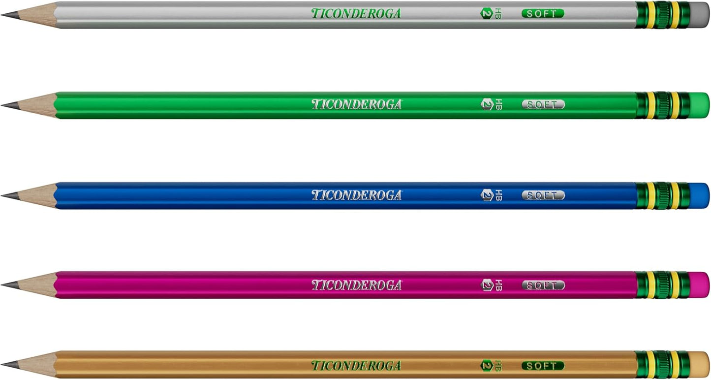 Ticonderoga Wood-Cased Pencils, Pre-Sharpened, #2 HB Soft, Metallic Colors, 18 Count