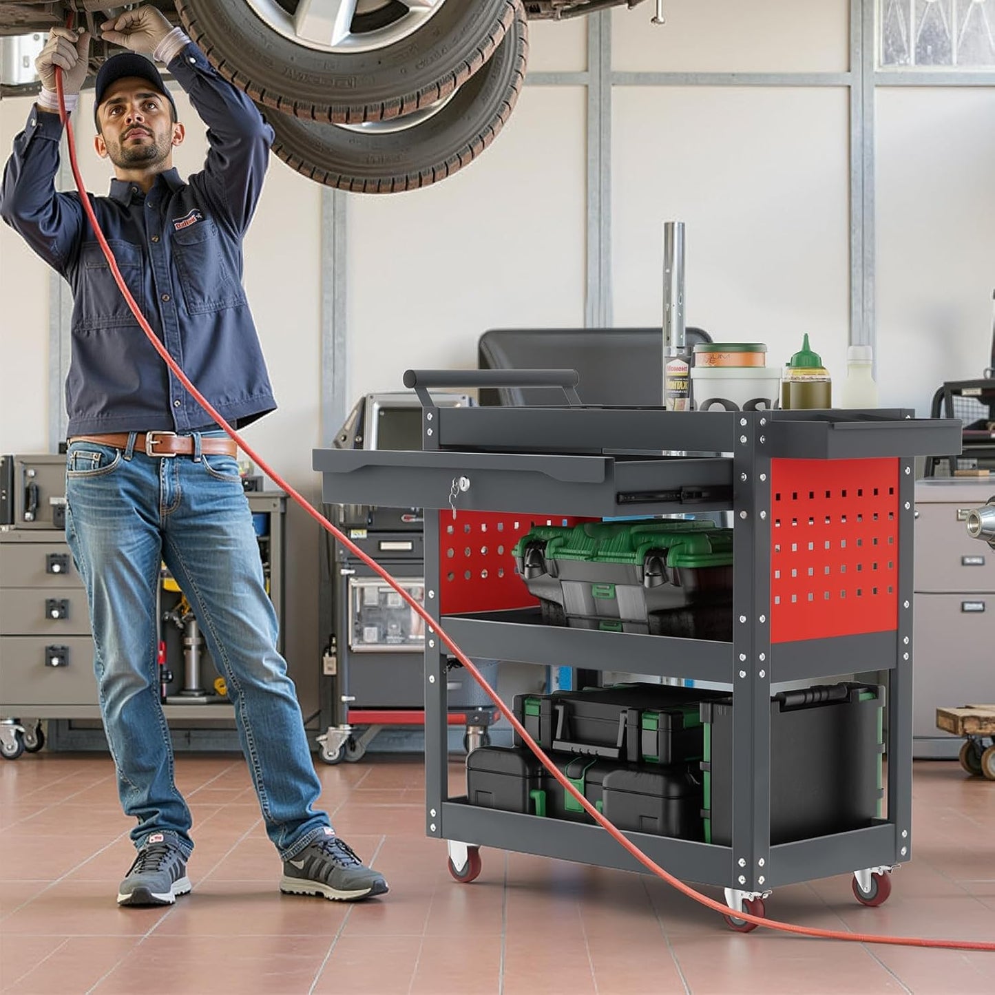 ALANNG 330 LBS Rolling Tool Cart with 1 Drawer & 3 Shelves | Heavy Duty Mechanic Cart Includes 7 Hooks, 2 Pegboards & Screw Organizer | Metal Service Cart for Garage Workshop (Grey, 1 Pack)