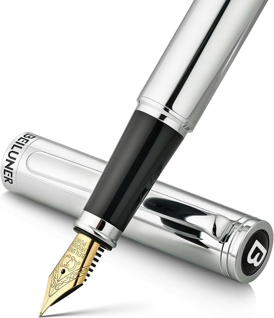 BEILUNER Silver Fountain Pen,Stunning Luxury Pens with Bright Silver Chrome, Gorgeous 24K Gilded Nib(Fine),Gift Pen Set for Men&Women -Ink Converter-Elegant, Professional, Nice Pen for Writing