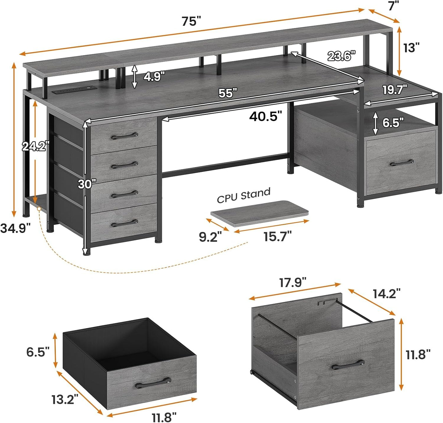 SEDETA 75'' Computer Desk with 5 Drawer, Power Outlet & Led Lights, Home Office Desk with File Drawer, Storage Shelves, Printer Cabinet and Monitor Shelf, 23.6" W Large Desktop Gaming Desk, Grey