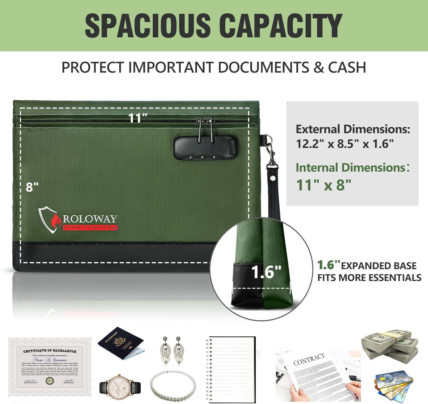 ROLOWAY Fireproof Money Bag with Lock for Cash, 6400°F Fire Proof Document Bag (12.2 x 8.5 x 1.6 inches), Money Pouch with Zipper (Green)