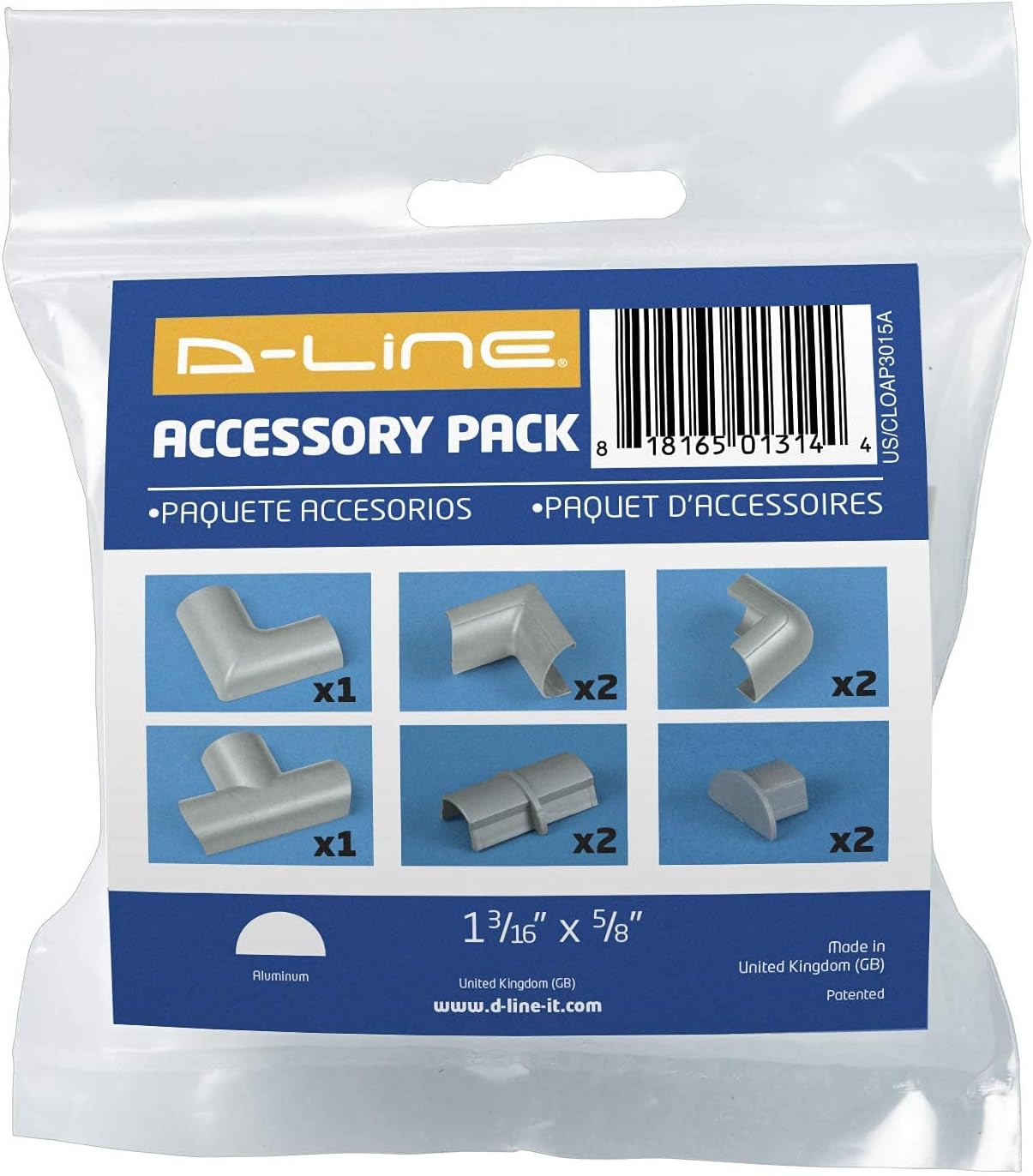 D-Line Medium Cable Raceway Accessory Pack, Join 1.18in x 0.59in Cord Cover Lengths, 10 Accessories Included, Hide Cords Around a Variety of Angles - Gray