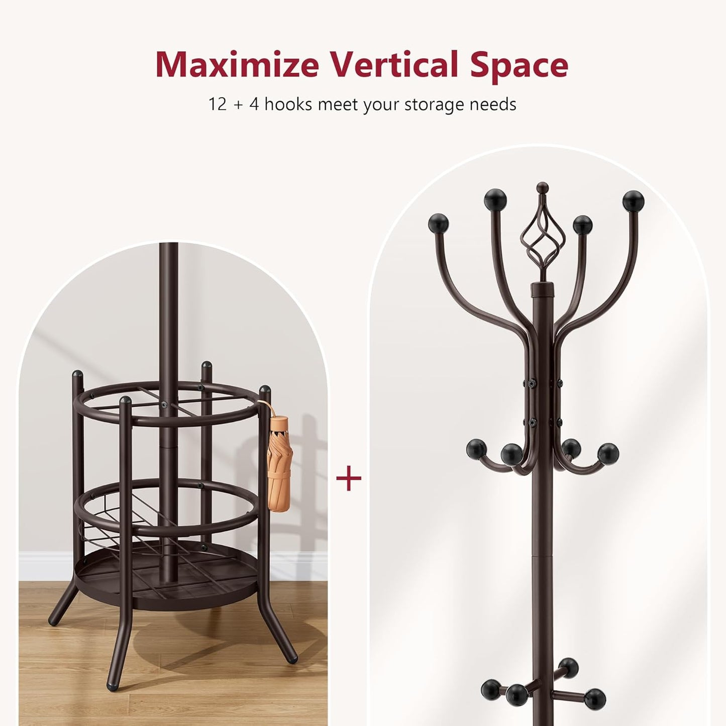 Tajsoon Coat Rack Stand with Umbrella Holder, Coat Tree Freestanding with 16 Hooks, Coat Hangers Stand for Living Room, Bedroom, Office, Brown