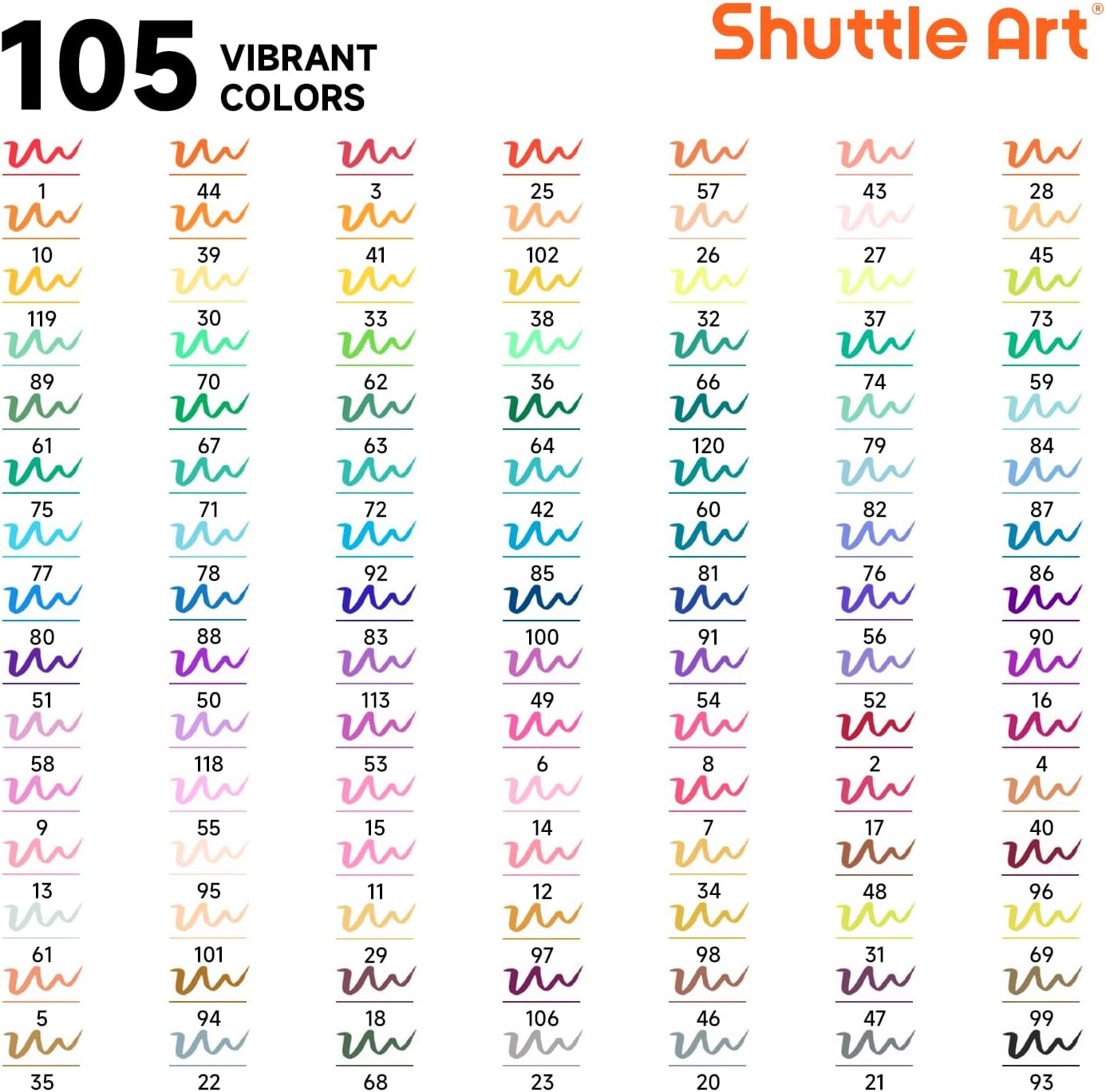 Shuttle Art Dual Tip Brush Marker Pens, 105 Colors Fine and Brush Tip Markers Set in Portable Case with 1 Coloring Book for Kids, Water-based Ink Adult Artist Coloring Calligraphy Journal Doodling