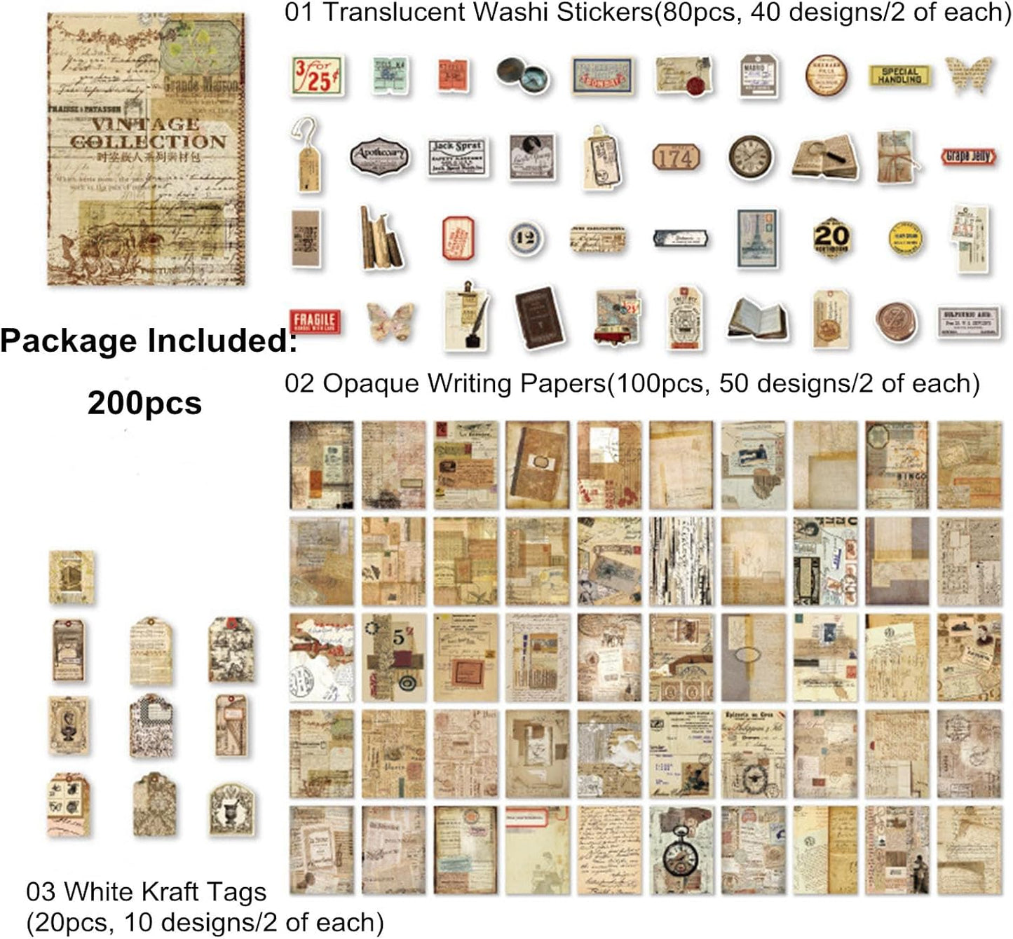 200PCS Vintage Scrapbooking Supplies Pack, Aesthetic Scrapbook Sticker Paper Art Journaling Kit for Bullet Junk Journals,Planner,Cottagecore Decor Gifts (Retro Letters)