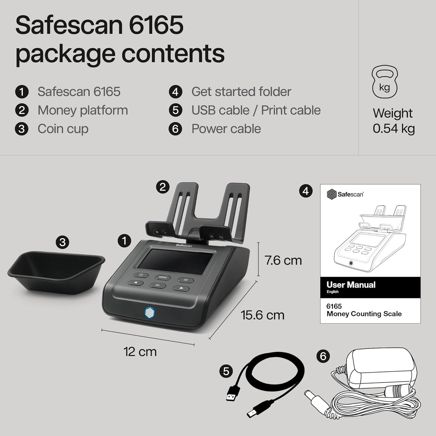 Safescan 6165 Advanced Money Counting Scale, Counts Bills, Coins, Coin Rolls and Bill Bundles, Multi-Currency, Easy to Update, Clear Display Panel, 3 Year Warranty