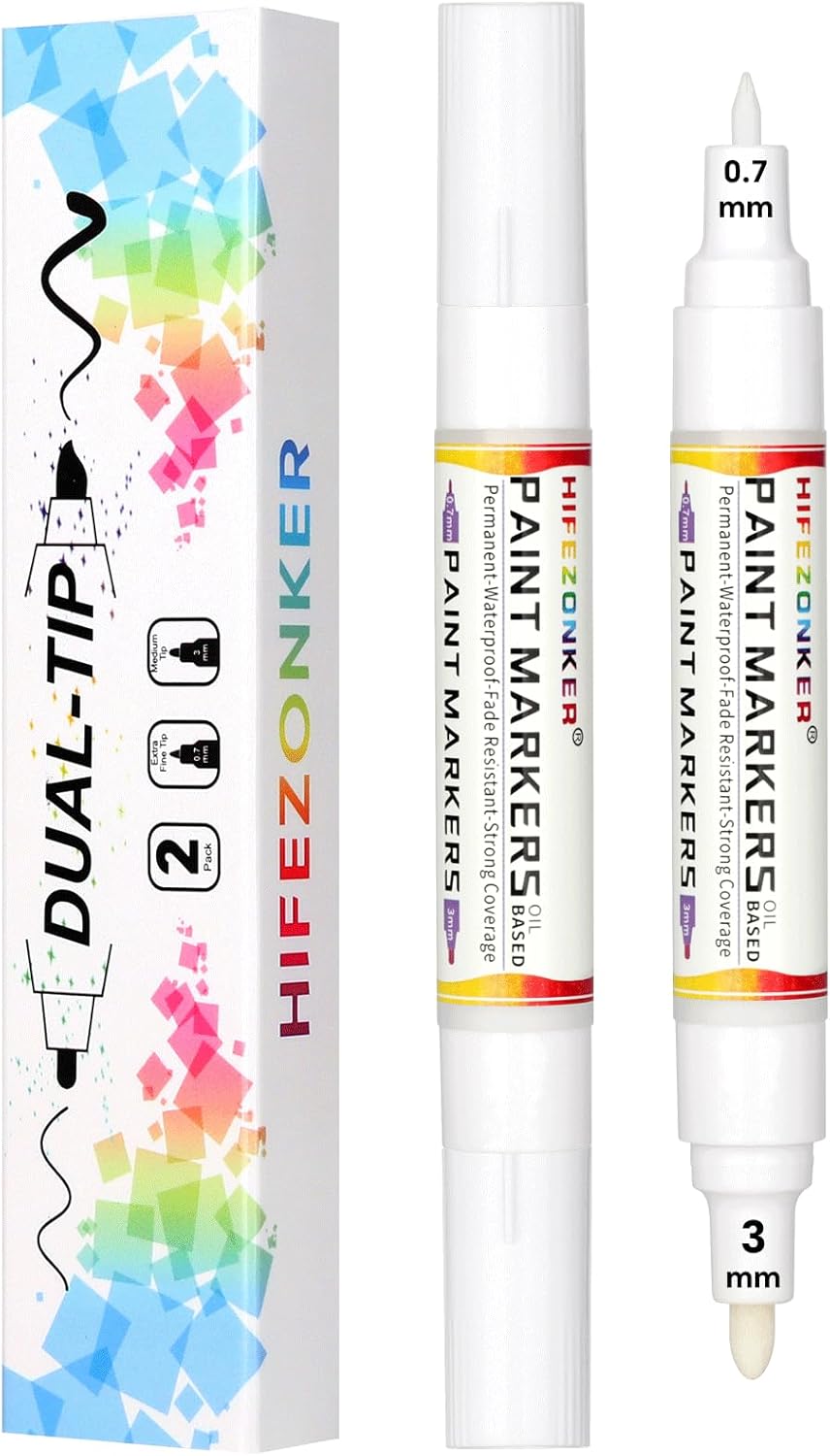 White Paint Pen Marker - 2 PCS Dual Tip Oil Based Permanent Markers, Extra Fine and Medium Tip (0.7mm & 3mm), Quick Drying, Waterproof, for Fabric