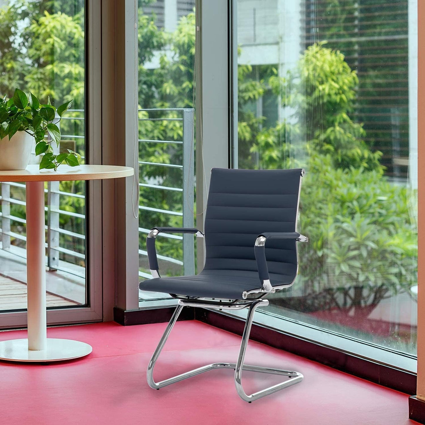 Office Desk Chair No Wheels Set of 4 PU Leather Computer Chairs Mid Back Guest Chairs for School Reception Conference Waiting Room, Navy Blue