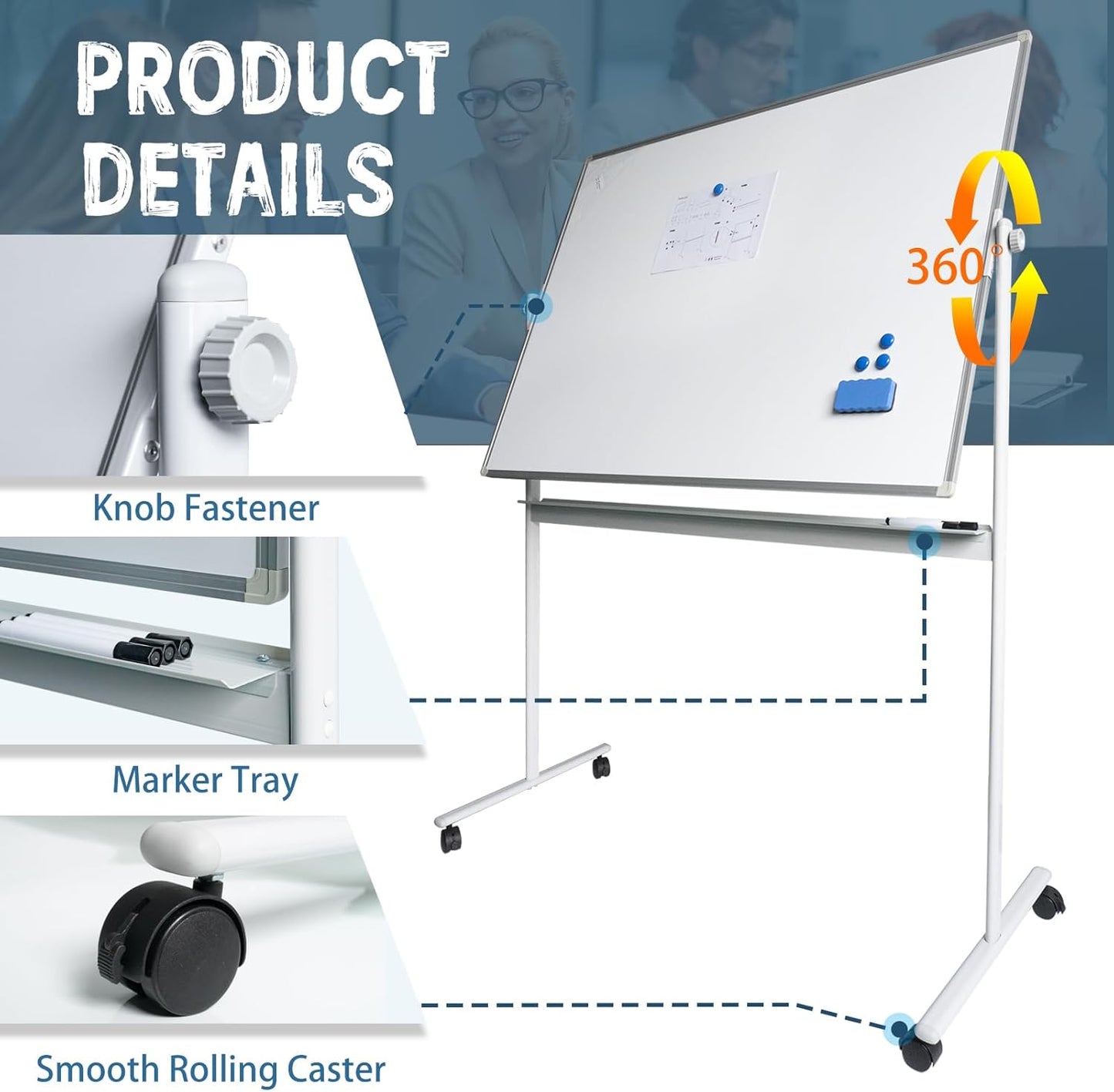 Rolling Whiteboard Magnetic Writeboard 48"x36" Flip Chart with 4 Wheels 2-in-1 Easel-Style Dry Erase Boards 2-in-1 Message Bulletin Board (White)