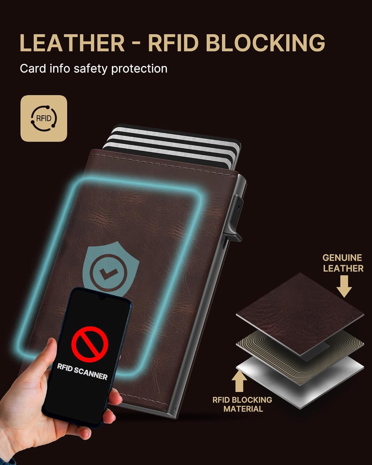 typecase Mens Wallet Card Holder: Pop Up Aluminum Case, Genuine Leather, Smart, RFID Blocking, Slim, Minimalist, Front Pocket - 9-14 Card Capacity | ID Window | Cash Slot - Oil Wax Brown