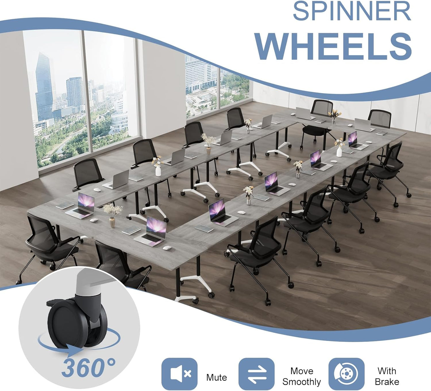 Folding Conference Table, Mobile Training Table for Office Conference, Modern Modular Rectangular Work Desk Meeting Seminar Work Tables with Caster Wheels, Large Breakroom Tables (4Pack L55.1in)