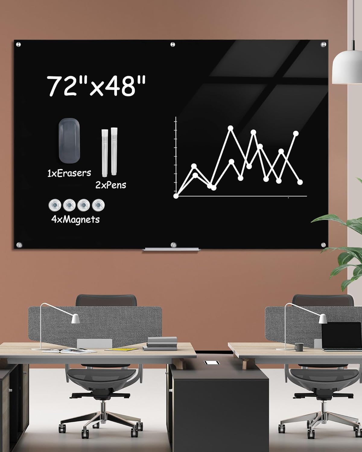 Magnetic Glass Whiteboard，72"x48" Wall Mounted Frameless Dry Erase Board for Office, Home & School Black