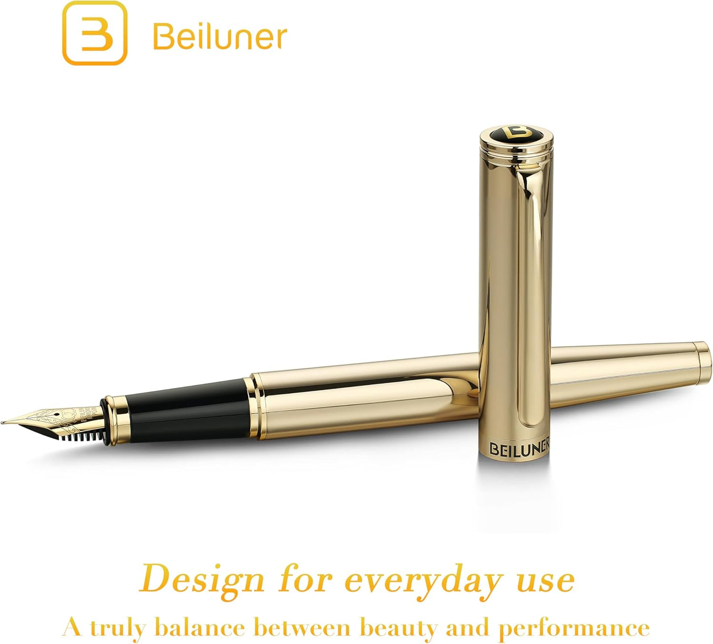 BEILUNER Gold Fountain Pen,Stunning Luxury Pens with 24K Gold Accents, Gorgeous 24K Gilded Nib(Fine), Ink Converter,Fancy Pen Gift for Men&Women-Elegant, Graduation, Office, Reliable,Nice for Writing