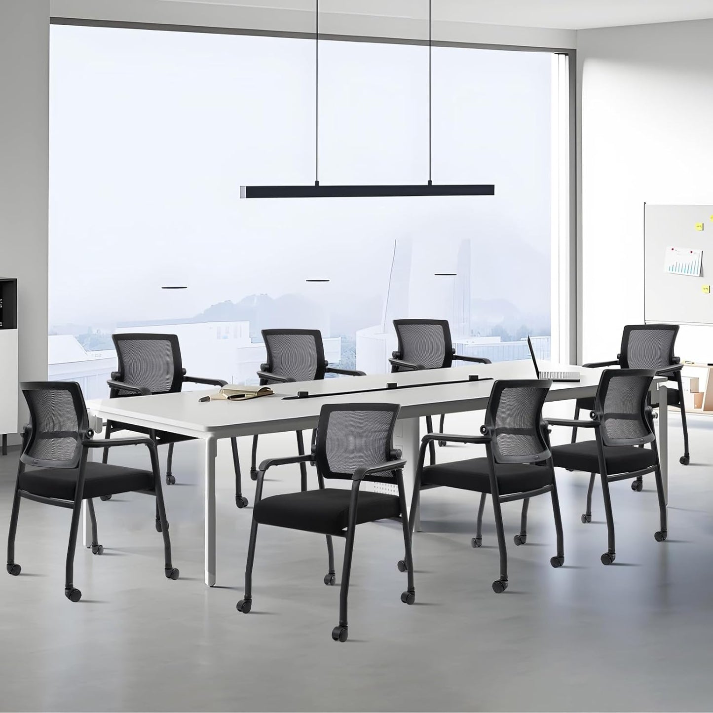 Waiting Room Chairs with Wheels, Adjustable Mesh Backrest, Desk Chair with Ergonomic Lumbar Support and Thickened Seats Cushion, 8 Pack Black