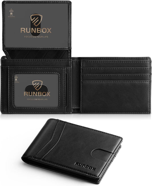 RUNBOX Wallet for Men Slim Rfid Leather 2 ID Window With Gift Box