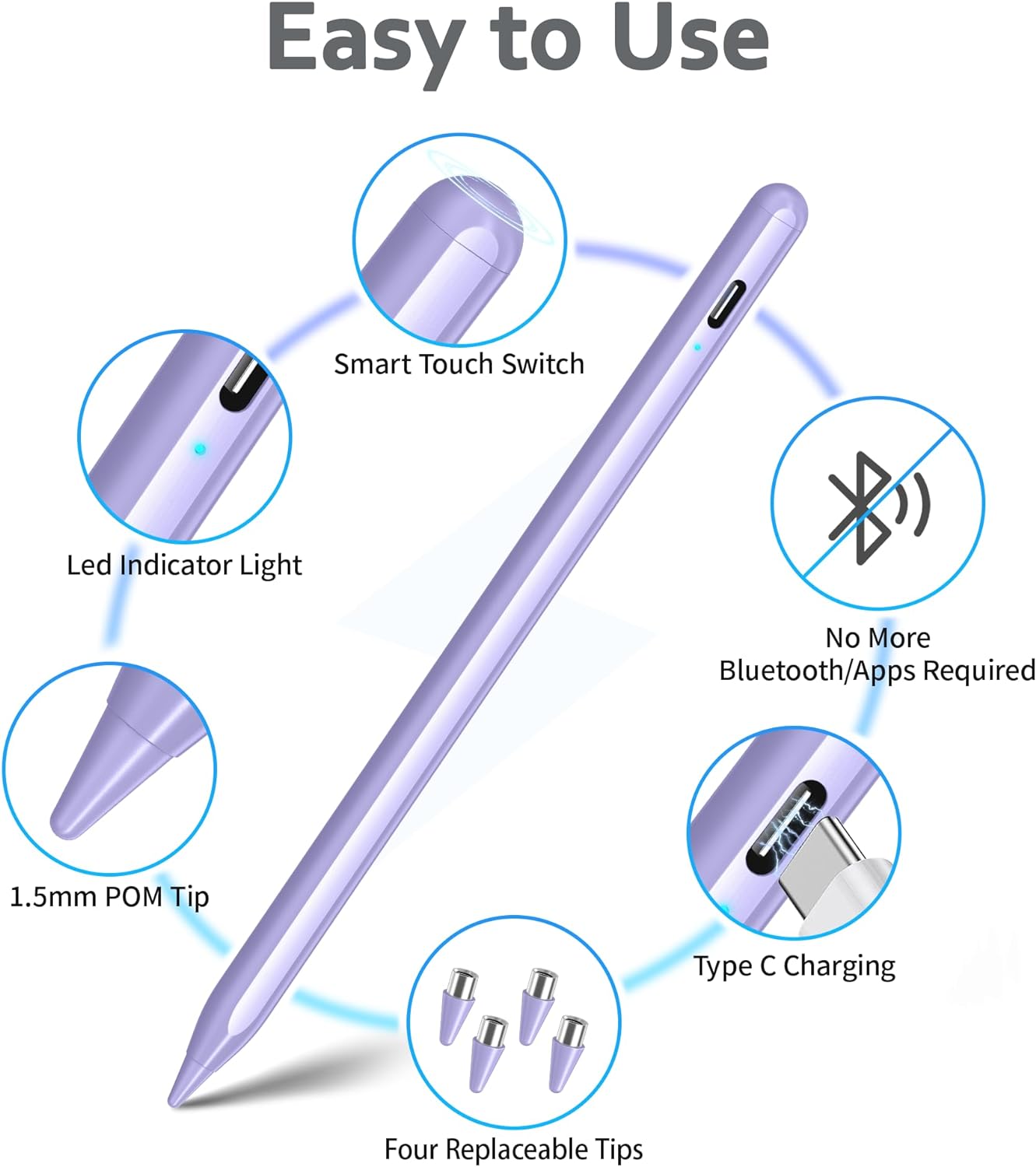 Stylus Pen for Android and i-OS, Stylists Pen for Touch Screens/i-Pad/Phones, Rechargeable Stylus Pencil for A-pple/Android/Tablet, 16.5CM, Purple