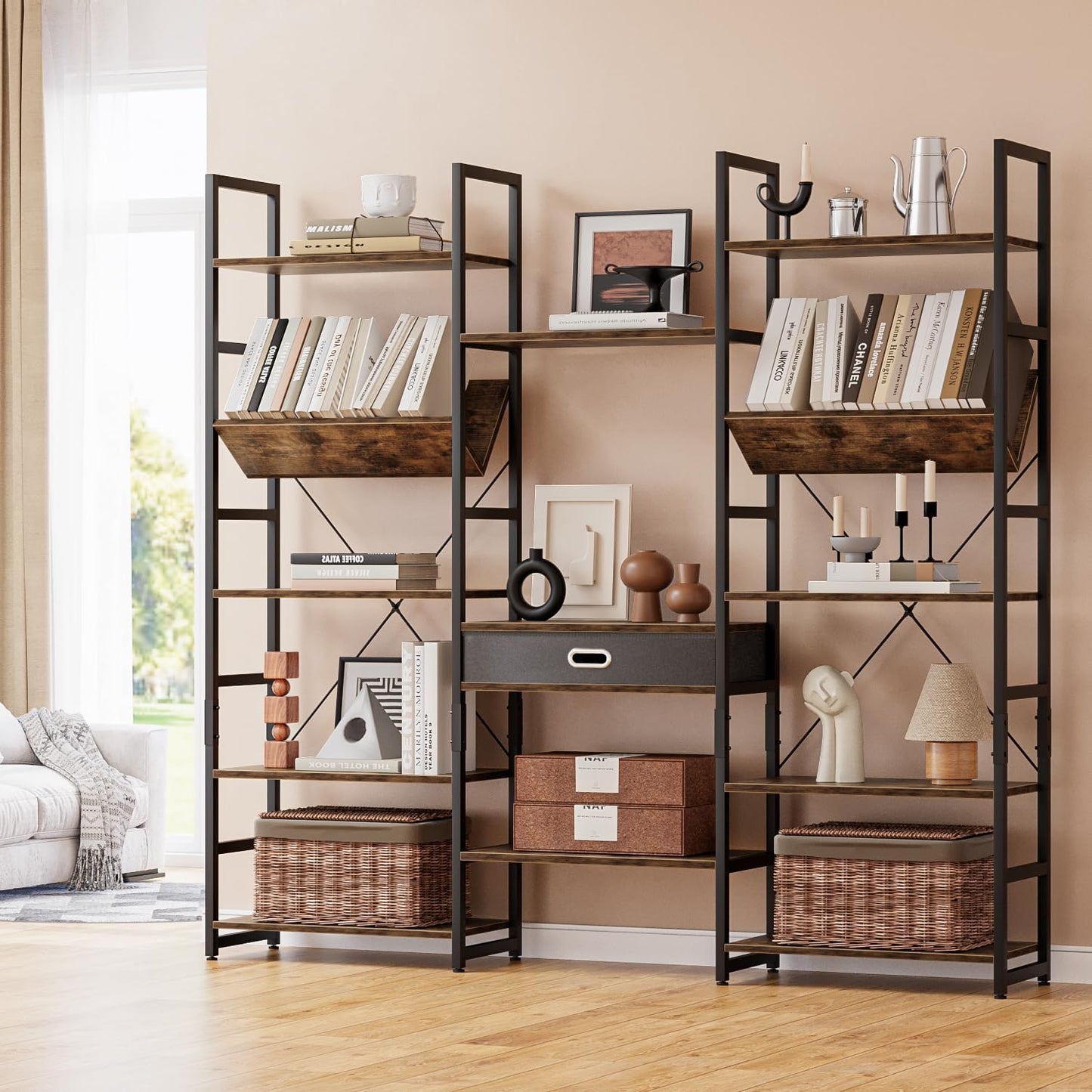 NUMENN Bookcases and Bookshelves Triple Wide 5 Tier Bookshelf, Large Etagere Bookshelf with Storage Drawer, Adjustable Open Display Shelves for Living Room Bedroom Home Office, Vintage Brown