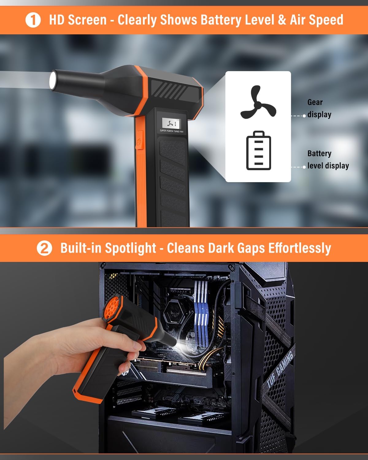 Compressed Air Duster-180000RPM Cordless Air Blower with LED Light, 4-Gear Adjustable Mini Jet Dry Blower with 5000mAh Rechargeable Battery for Computer Keyboard, Laptop, Replaces Compressed Air Cans