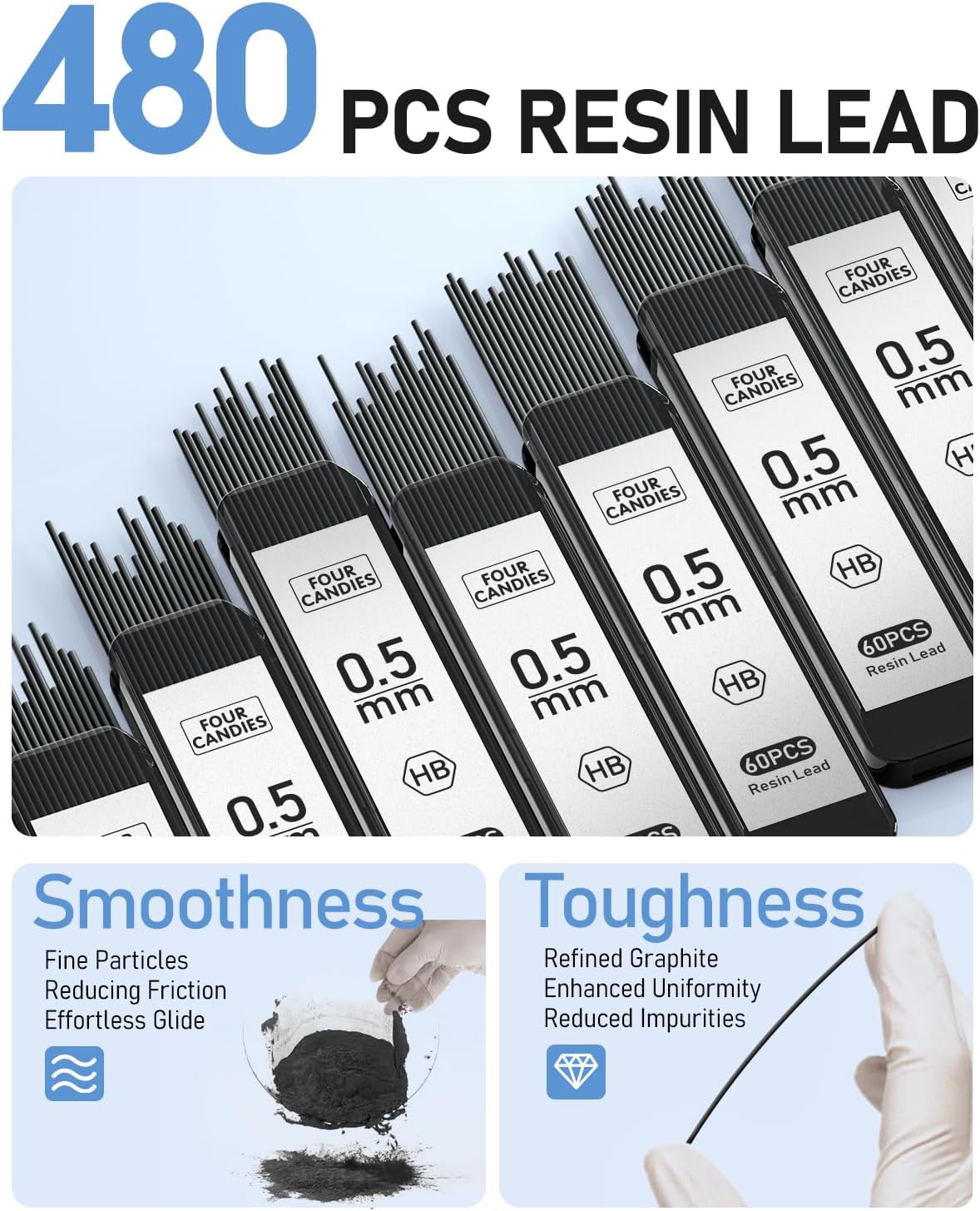 Four Candies 0.5mm Mechanical Pencil Set with Case, 3PCS Metal Artist Lead Pencil with 8 Tubes (480PCS) HB Lead Refills, 3 Erasers, 9 Eraser Refills For Engineer Art Writing Drawing Drafting, Silver