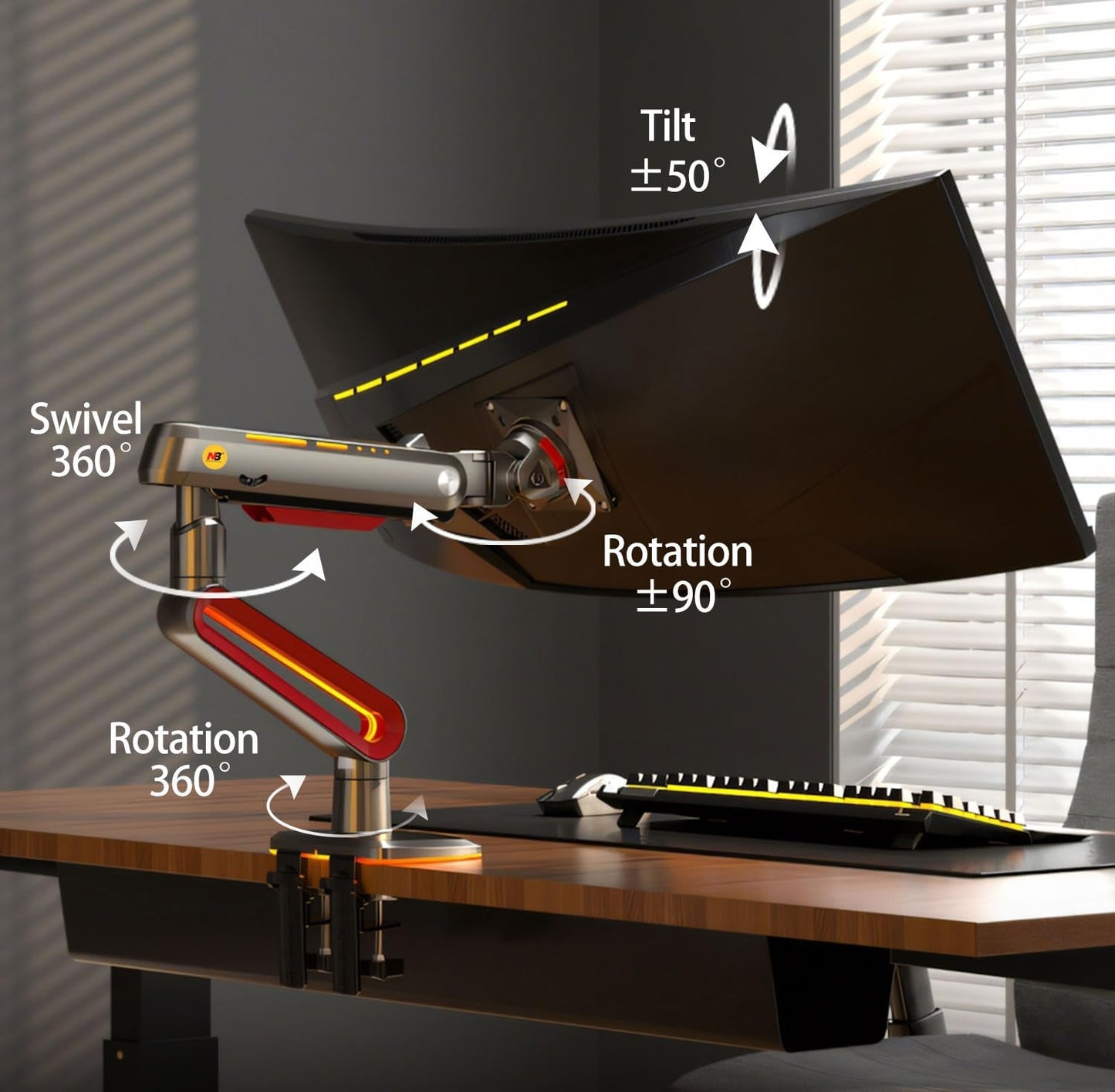 NB Designer Gaming Monitor Arm for 32 to 60 Inches Screen, Load up to 20 kg, VESA 75/100, RGB-Light, Heavy Duty, Multi Angle Adjustable, Premium Aluminum, Long Arm Extension Red