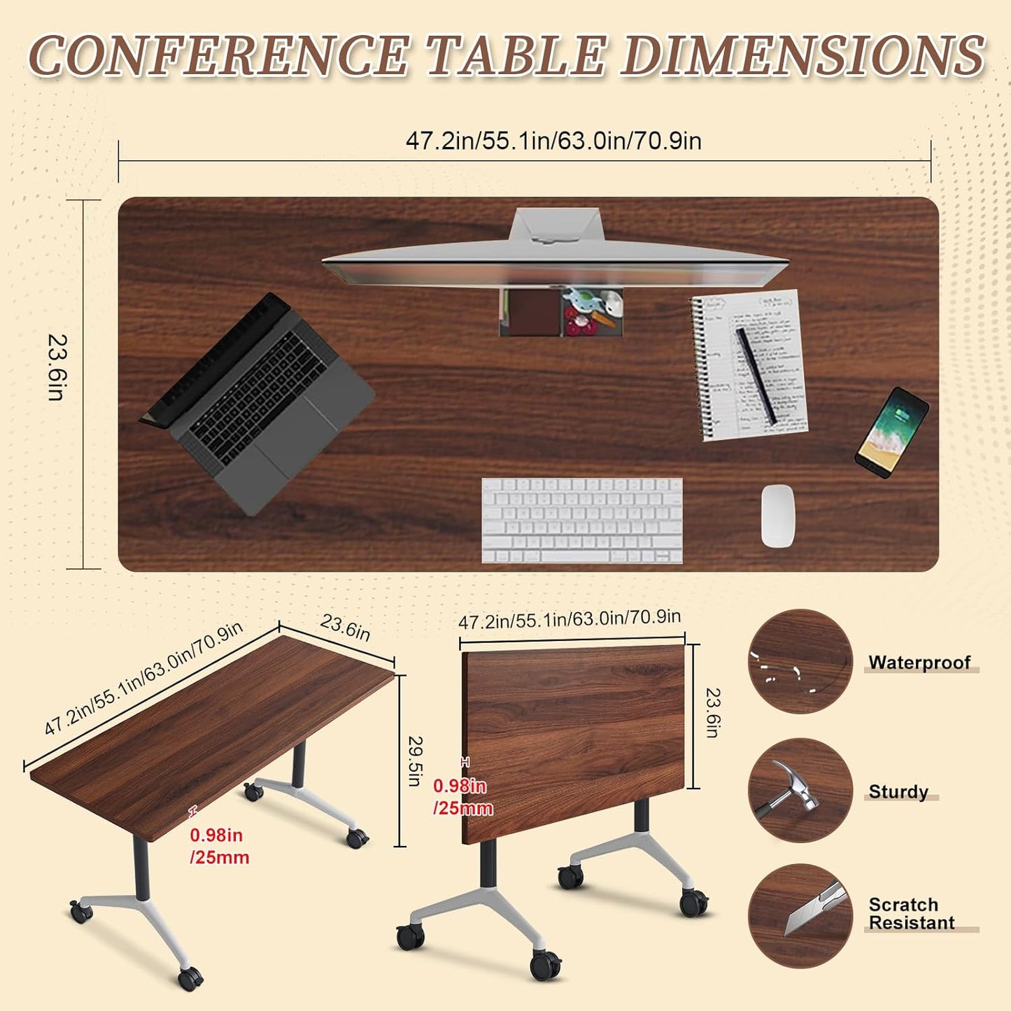 Folding Conference Room Table, Modern Conference Tables with Wheels, Large Rectangular Mobile Training Tables for Office Classroom, Foldable Modular Boardroom Seminar Table (8pack L47.2in)