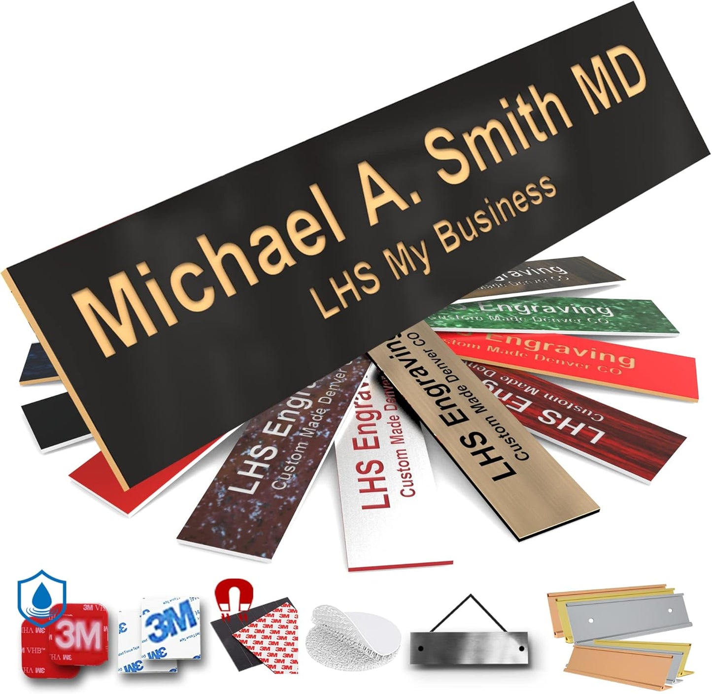 Engraved Door Signs for Office Personalized Black Plastic Door Plaque Gold Letters - Made in USA 2x12 B3
