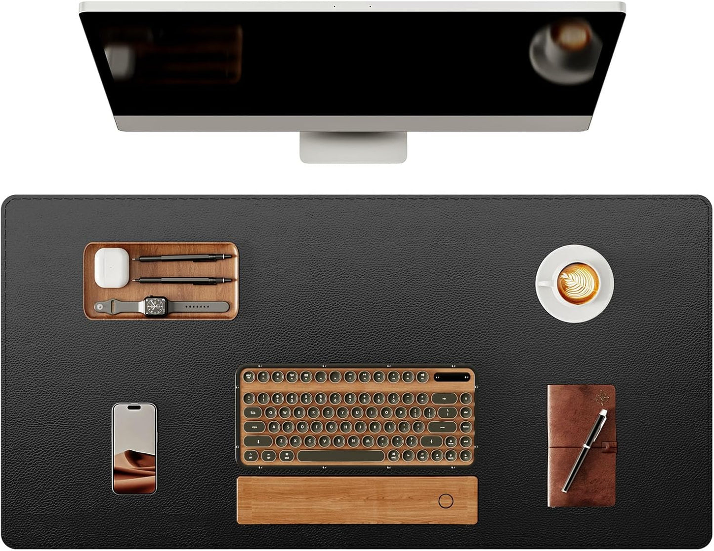 YSAGi Genuine Leather Desk Mat, 35.4"X17" Leather Desk Mat, Office Desk Pad, Thick Desk Pad with Stitched Line, Non-Slip Laptop Writing Pad with Rubber Base(Black, 35.4"X17")