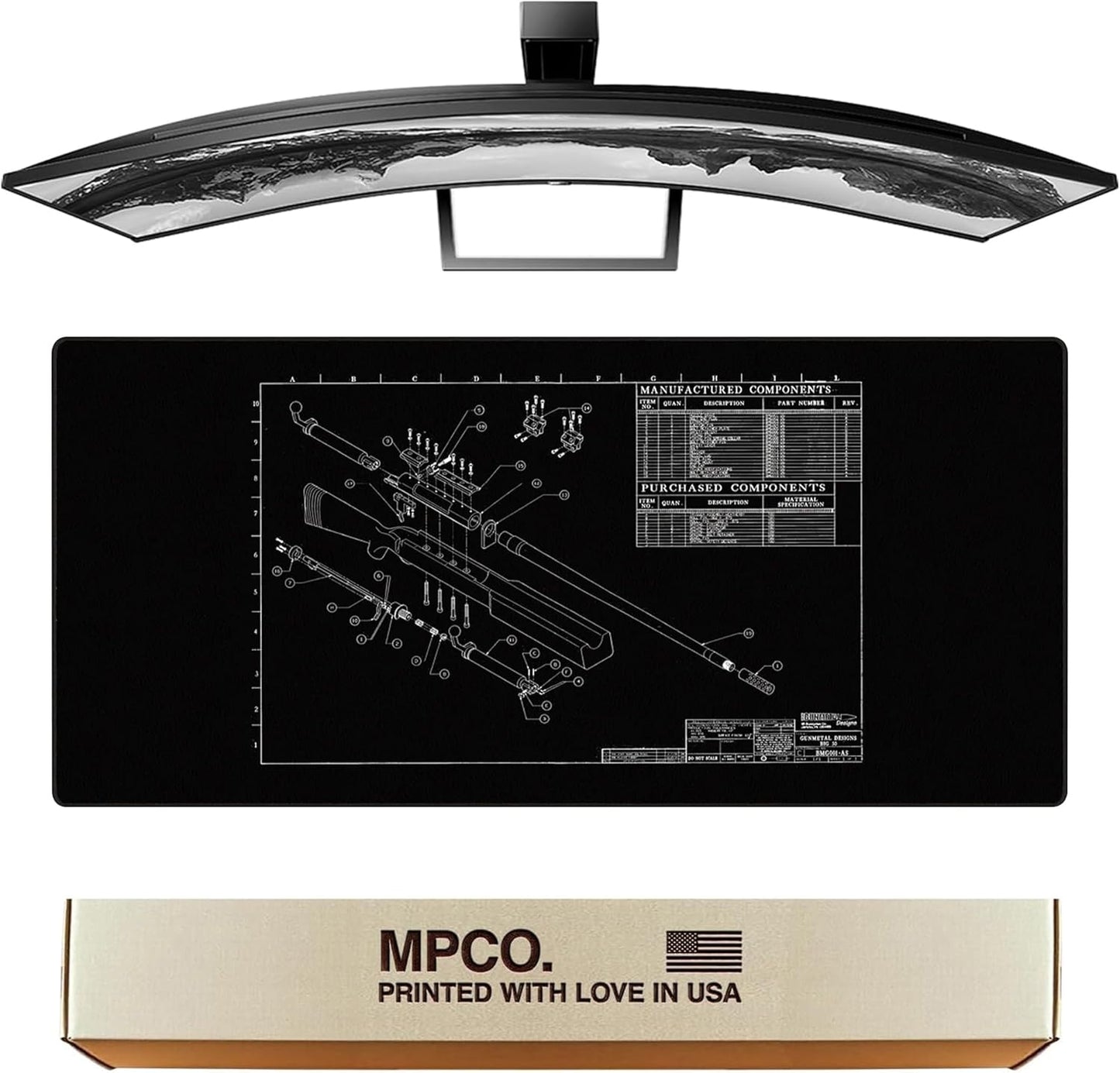 MPCO. Blueprints Large Gaming Desk Pad - 36" x 17" Aeroglyde Fabric Browning 50 Cal – Black Desk Mats - Non-Slip, Washable, Smooth Glide for Precision Gaming & Work