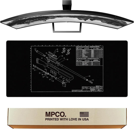 MPCO. Blueprints Large Gaming Desk Pad - 36" x 17" Aeroglyde Fabric Browning 50 Cal – Black Desk Mats - Non-Slip, Washable, Smooth Glide for Precision Gaming & Work