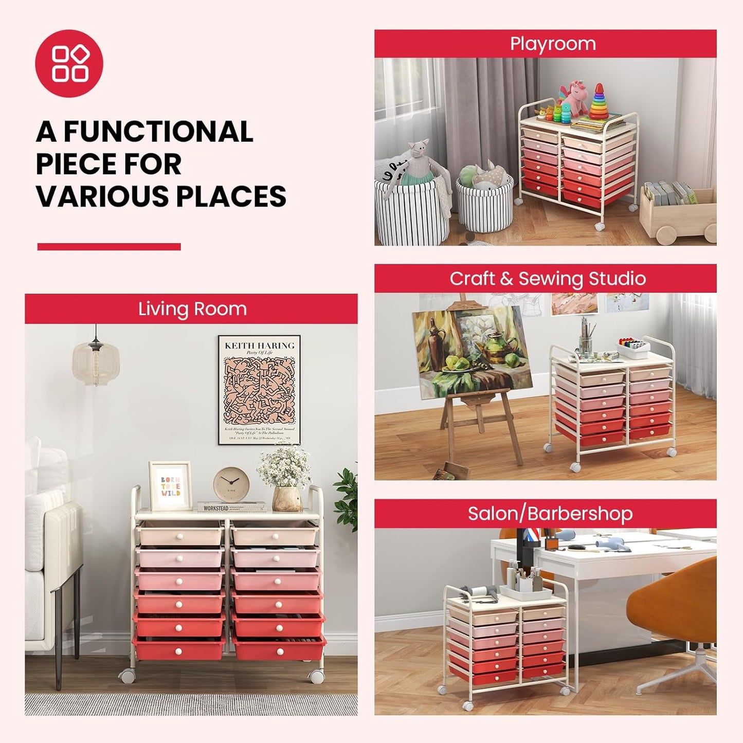 Giantex 12 Drawers Rolling Cart, Mobile Storage Drawer Cart, Classroom Organizer Cart for Office School Supplies Tools Scrapbook Paper Craft Small Printer, Utility Cart on Wheels, Pink Gradient