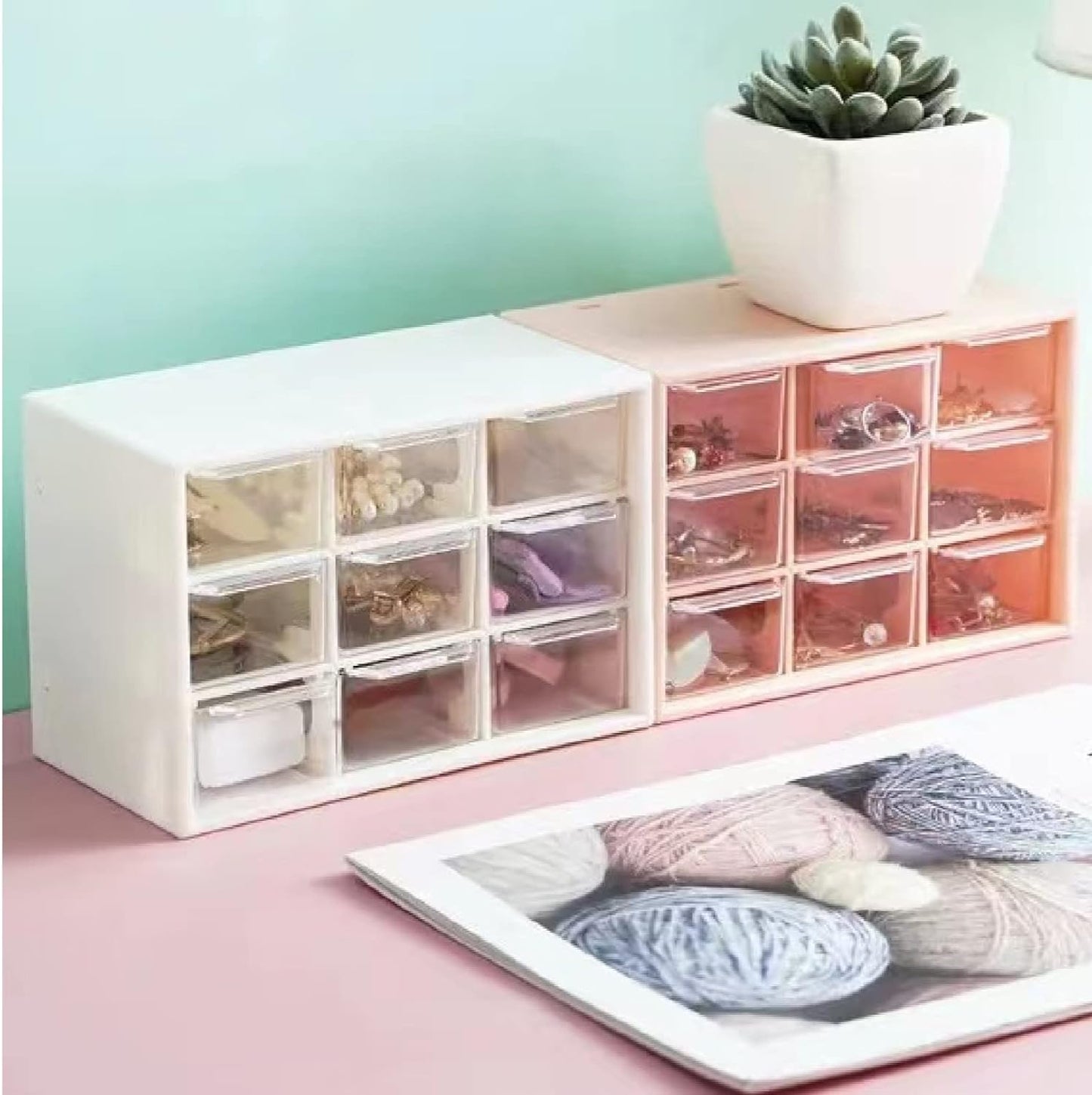 Feadily 2PCS Small Drawer Organizer for Desk, Desktop Drawer Organizer with 9 Clear Drawers, Plastic Desktop Storage Drawers 7.1 Inch x 3 .9 Inch x 4.7 Inch, Pink