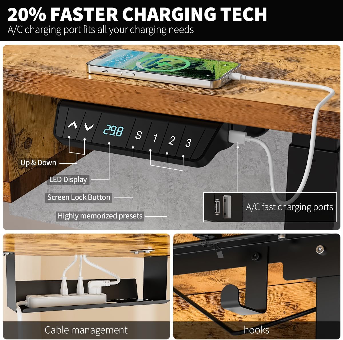 Standing Desk with Fast Charging USB Ports, 55" x 30" Height Adjustable Home Office & Gaming Desk, Sit Stand Desk with Built-in Storage Shelf, Hook & Ergonomic Design(Rustic Brown)
