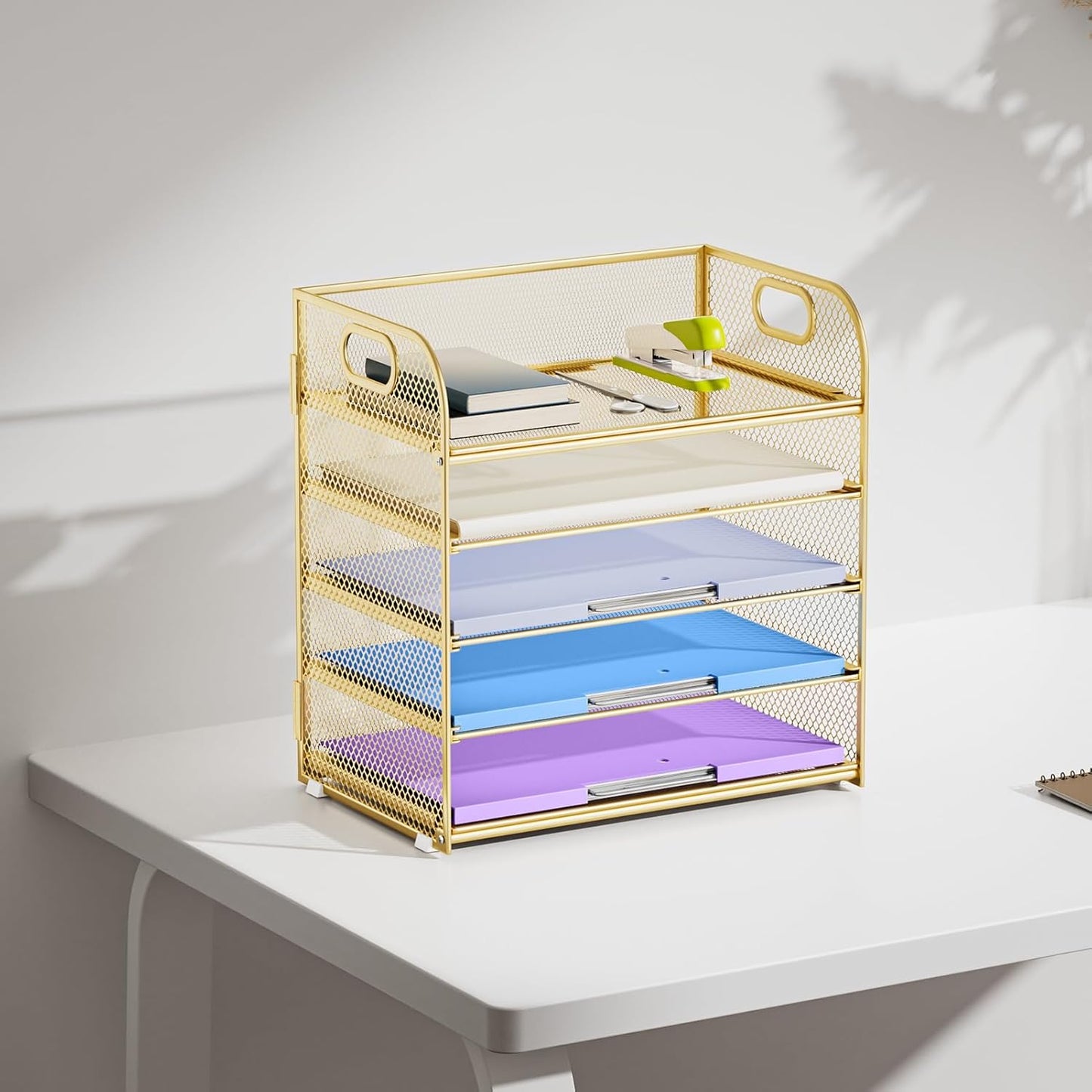 Marbrasse Paper Organizer Letter Tray, 5 Tier Mesh File Organizer with Handle, Paper Sorter Desk Organizer for Home Office Supplies - Gold