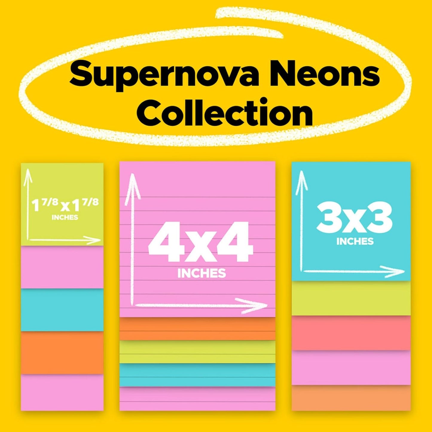 Post-it Super Sticky Notes Multi-Size Supernova Neons | Lined | Double Sticking Power | 15 Pads, Pack of 12