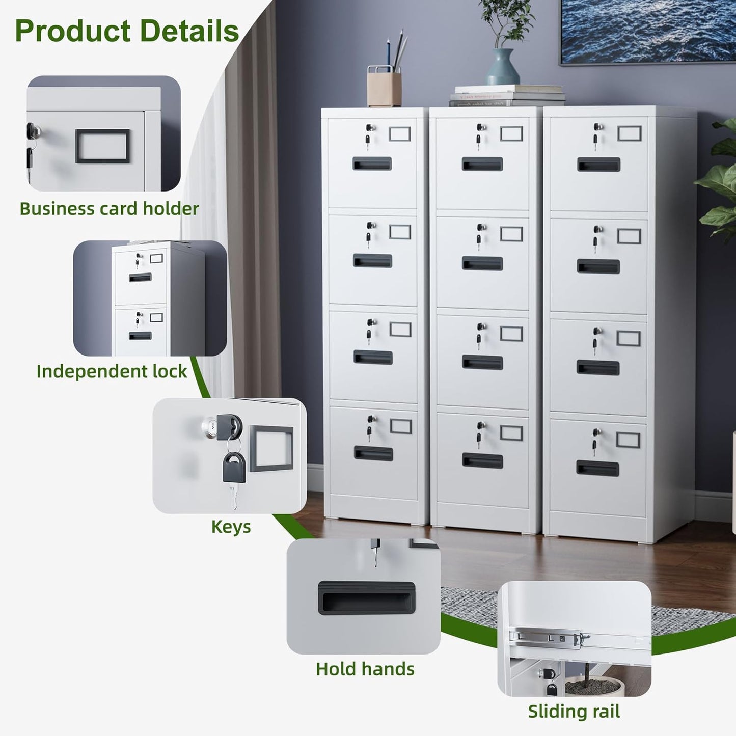 Aobabo 4 Drawer File Cabinet, Metal Filing Cabinet with Lock, Suitable for Home Office School Hanging Files Letter/Legal/A4 Size,White,Required-Assembly,17.72" D x 14.96" W x 55.2" H