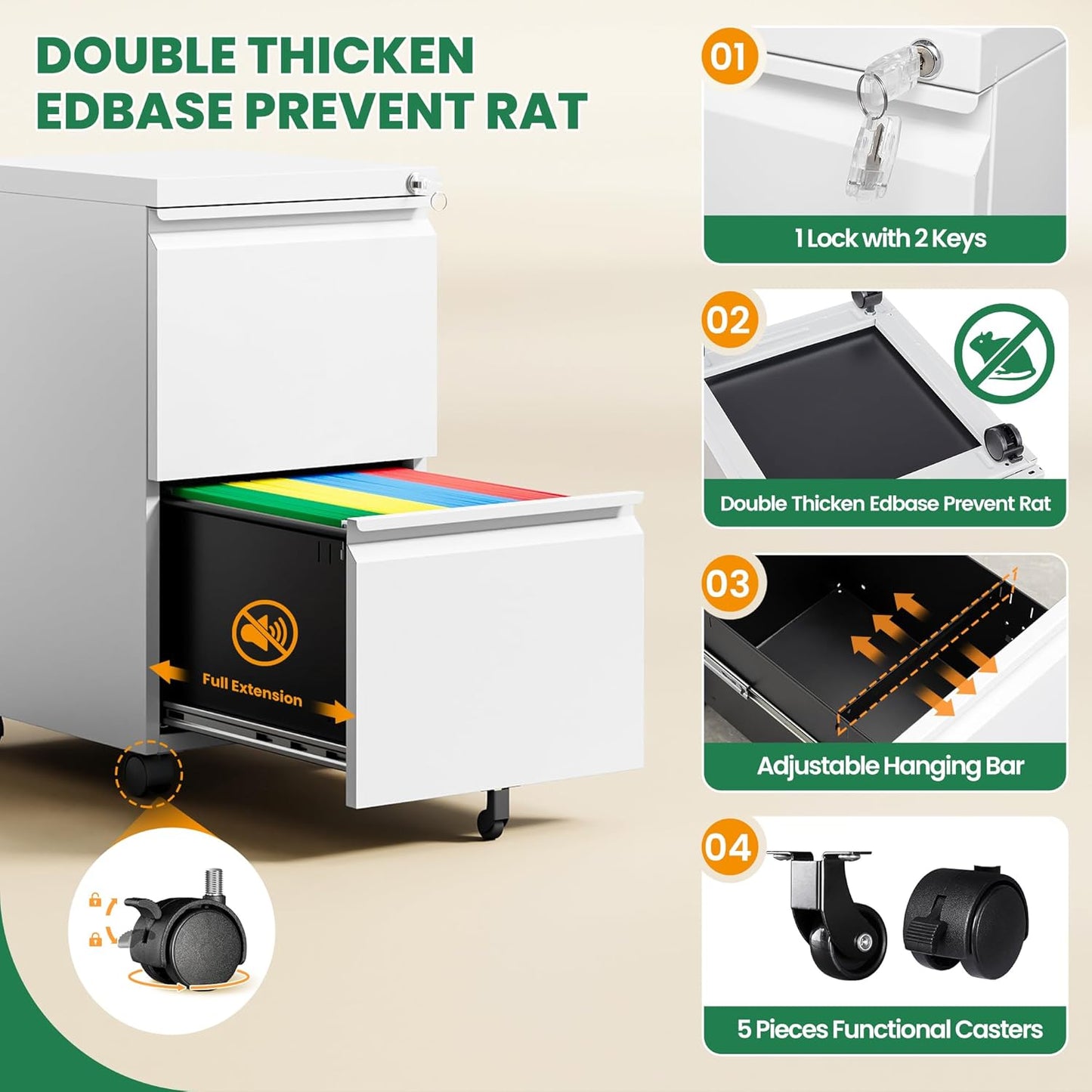 Mobile File Cabinet with Lock, 2 Drawer Under Desk Filing Cabinet with Wheels for Legal/Letter/A4 (Fully Assembled,White)