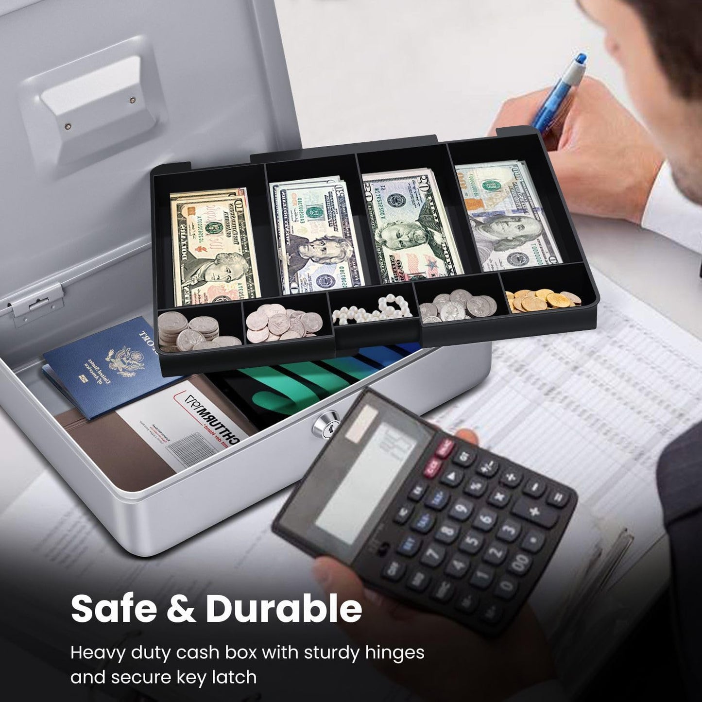 Flexzion Cash Box with Money Tray and Lock - Metal Cash Box for Small Businesses, 9-Compartment Silver Money Box with Removable Tray and Key, Portable Storage for Checks and Coins