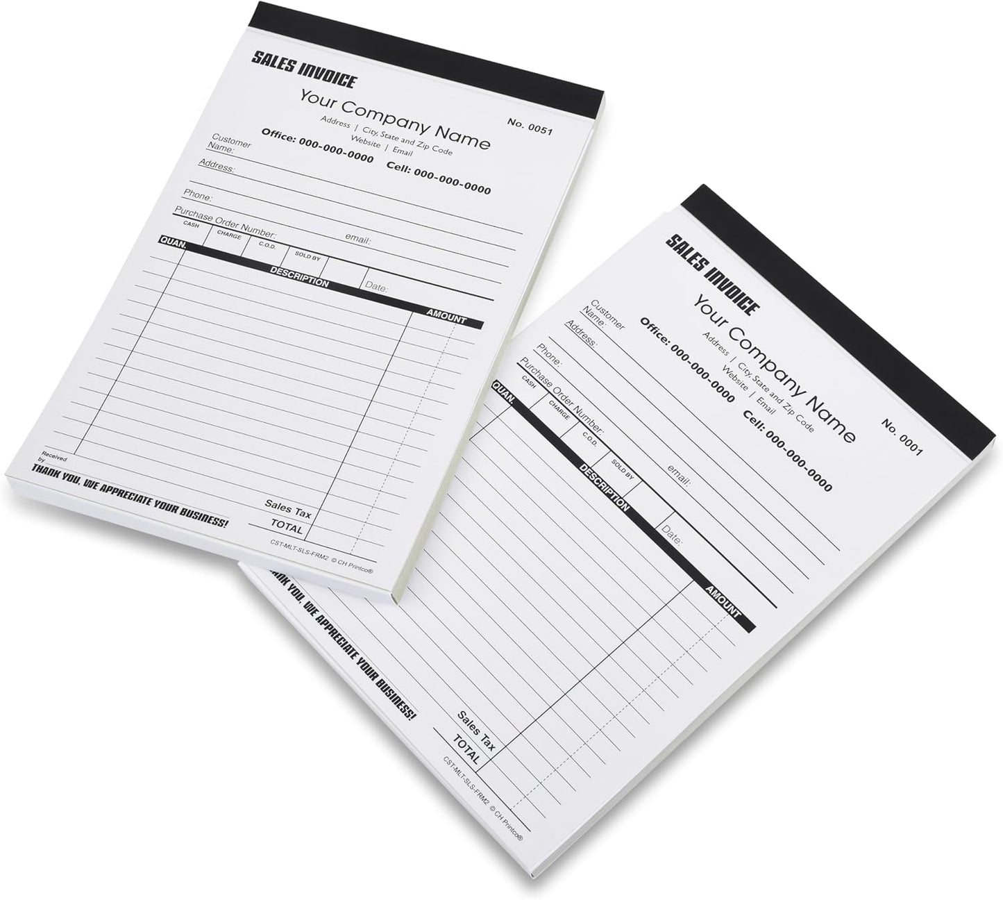 Custom Sales Invoice Personalized Duplicate Carbonless Form with Your Company Name - 2 Books (100 Sets) Numbered