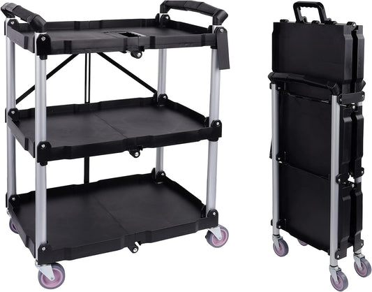 Folding Utility Cart, Portable Collapsible Service, 3 Shelf Heavy Duty Collapsible Tool with Wheels, Suitable for Office Warehouse Home, Black