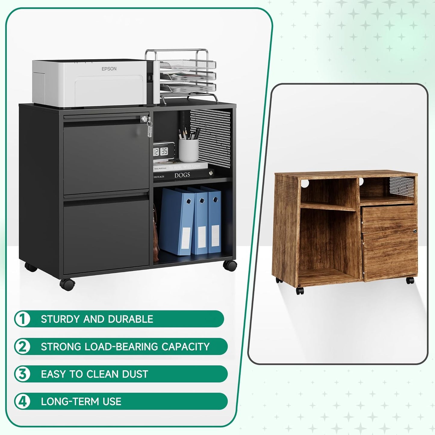 Letaya Mobile File Cabinet, Metal Lateral Rolling Printer Stand Filing Cabinets with Shelves for Home Office-Storage A4/F4/Letter (Black)