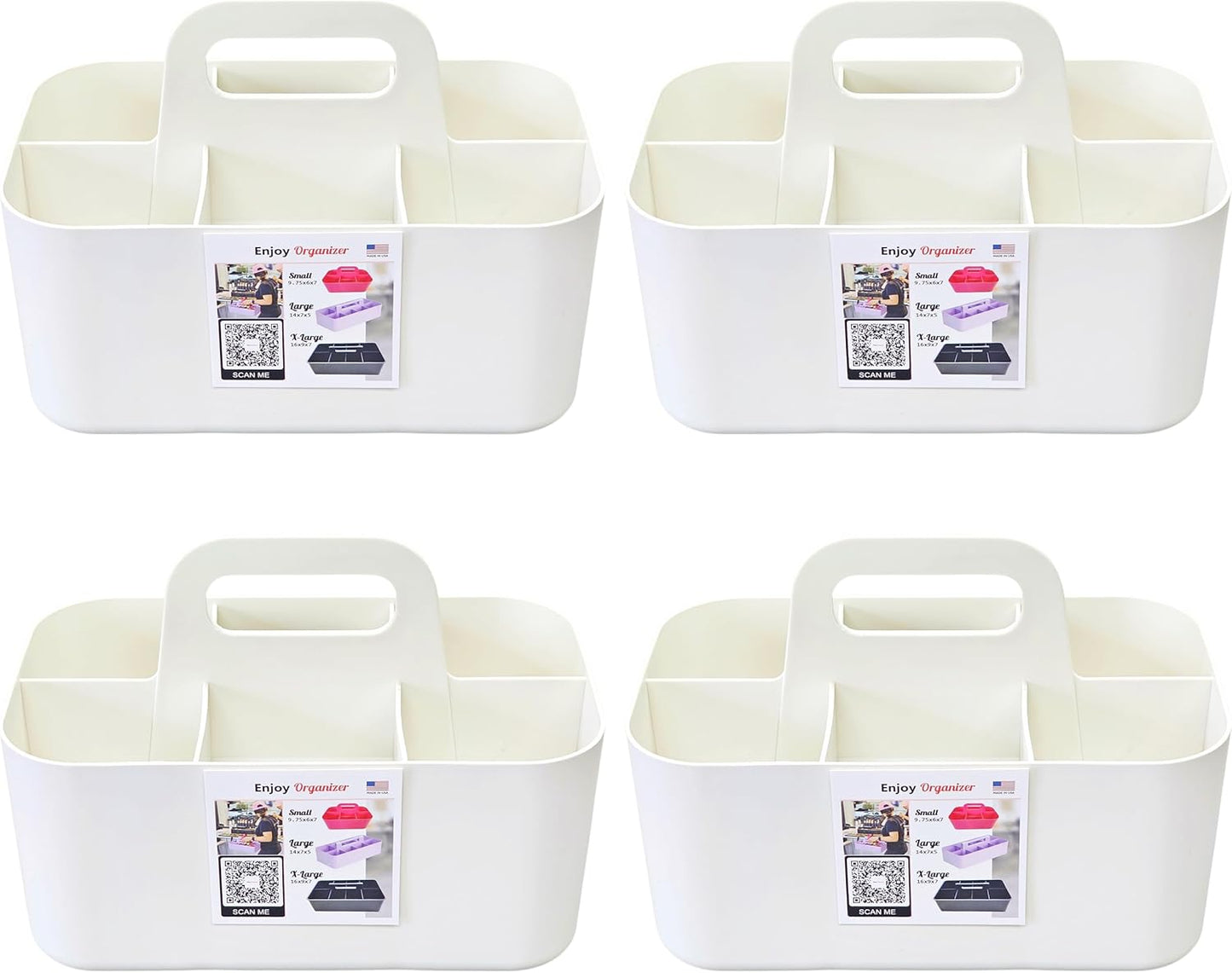 Small Stackable Plastic Caddy with Handle 6 Compartment | Desk, Makeup, Dorm Caddy, Classroom Art Organizers - 4 Pack, Made In USA (Ivory)