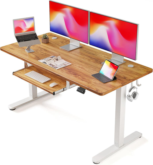 FEZIBO Standing Desk with Keyboard Tray, 55 x 24 Inch Adjustable Height Sit Stand Desk with Memory Presets for Home Office, Ergonomic Computer Workstation, Light Rustic