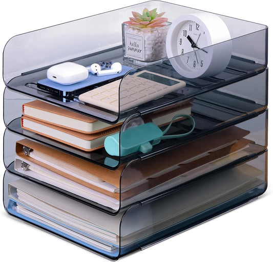 4 Pack Stackable Paper Tray, Clear File Organizer Letter Tray for Desk, Office Organizer and Storage for Desk Accessories, Notes, Books, File Paper, Document, Black